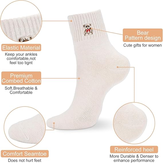 Bear 10 Pairs Socks Womens Crew Elastic Ankle Length Cotton Socks Aesthetic Cute Lightweight Low Cut Gifts for Women