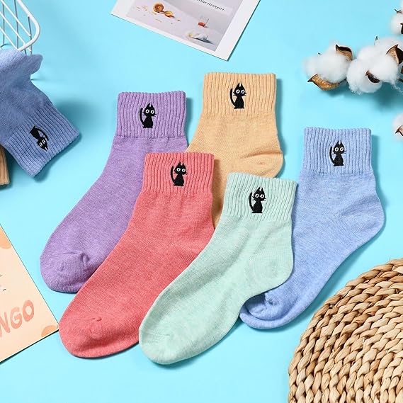 Black Cat 10 Pairs Socks Womens Crew Elastic Ankle Length Cotton Socks Aesthetic Cute Lightweight Low Cut Gifts for Women