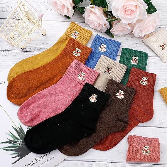 Bear 10 Pairs Socks Womens Crew Elastic Ankle Length Cotton Socks Aesthetic Cute Lightweight Low Cut Gifts for Women