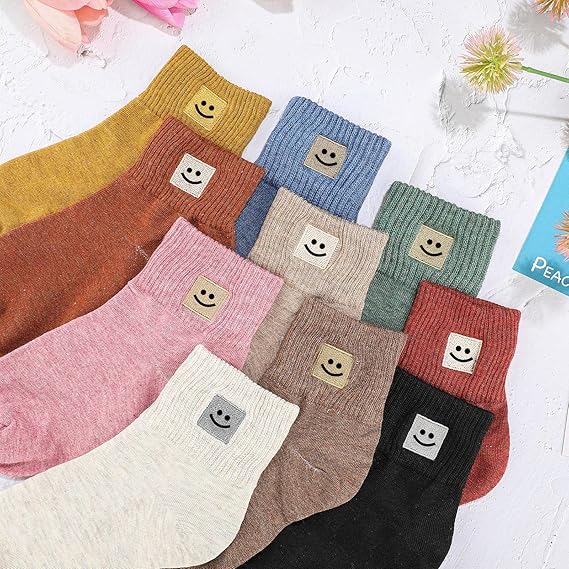 Smile 10 Pairs Socks Womens Crew Elastic Ankle Length Cotton Socks Aesthetic Cute Lightweight Low Cut Gifts for Women