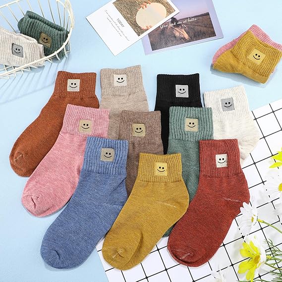 Smile 10 Pairs Socks Womens Crew Elastic Ankle Length Cotton Socks Aesthetic Cute Lightweight Low Cut Gifts for Women