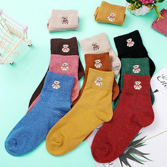 Bear 10 Pairs Socks Womens Crew Elastic Ankle Length Cotton Socks Aesthetic Cute Lightweight Low Cut Gifts for Women